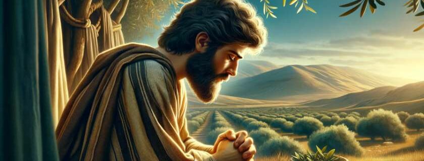 Isaac praying in an open field with his hands together and sons of abraham in the bible